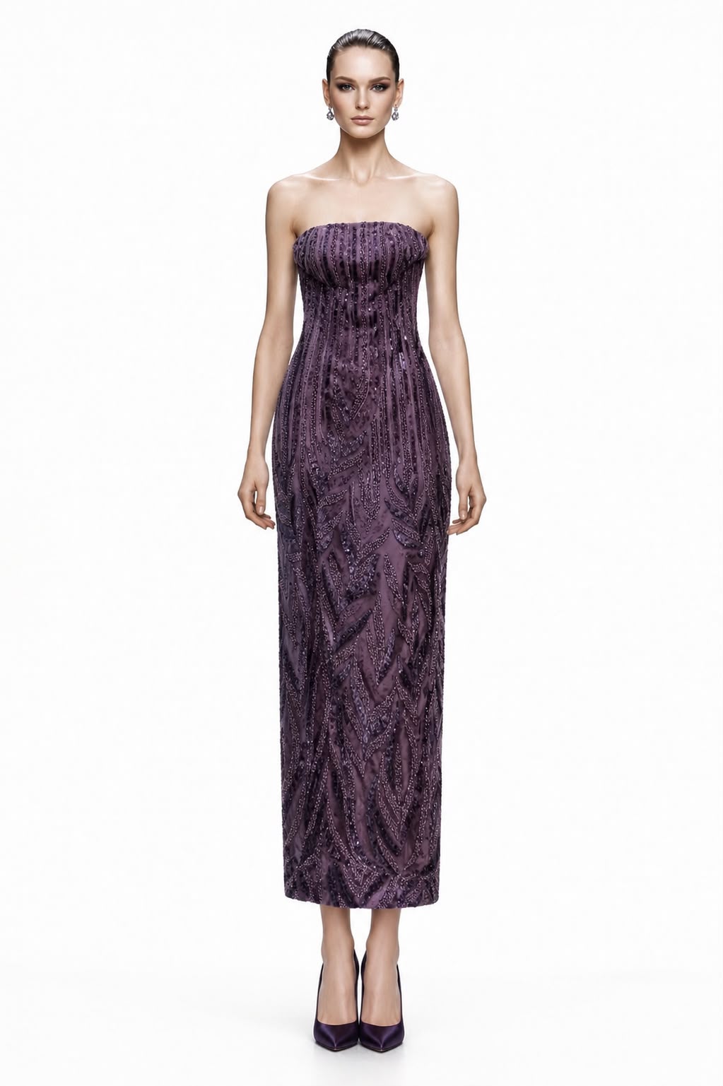 Plum Beaded Strapless Midi Gown - front