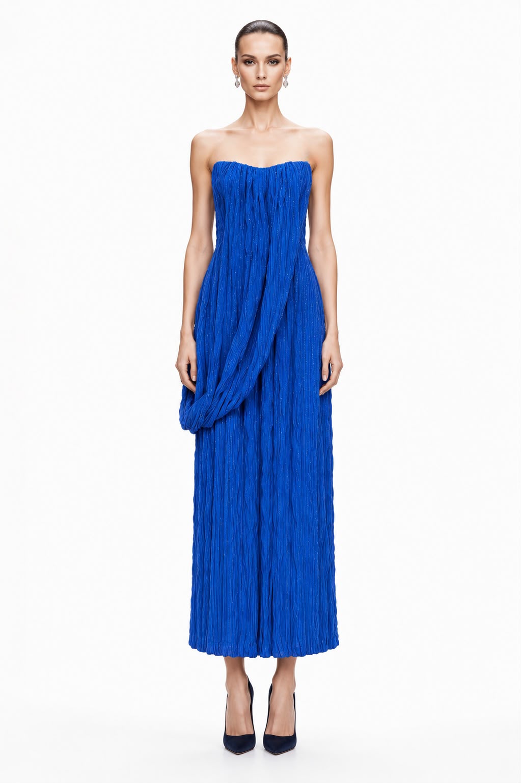 Royal Blue Crinkle Plissé Column Gown - front