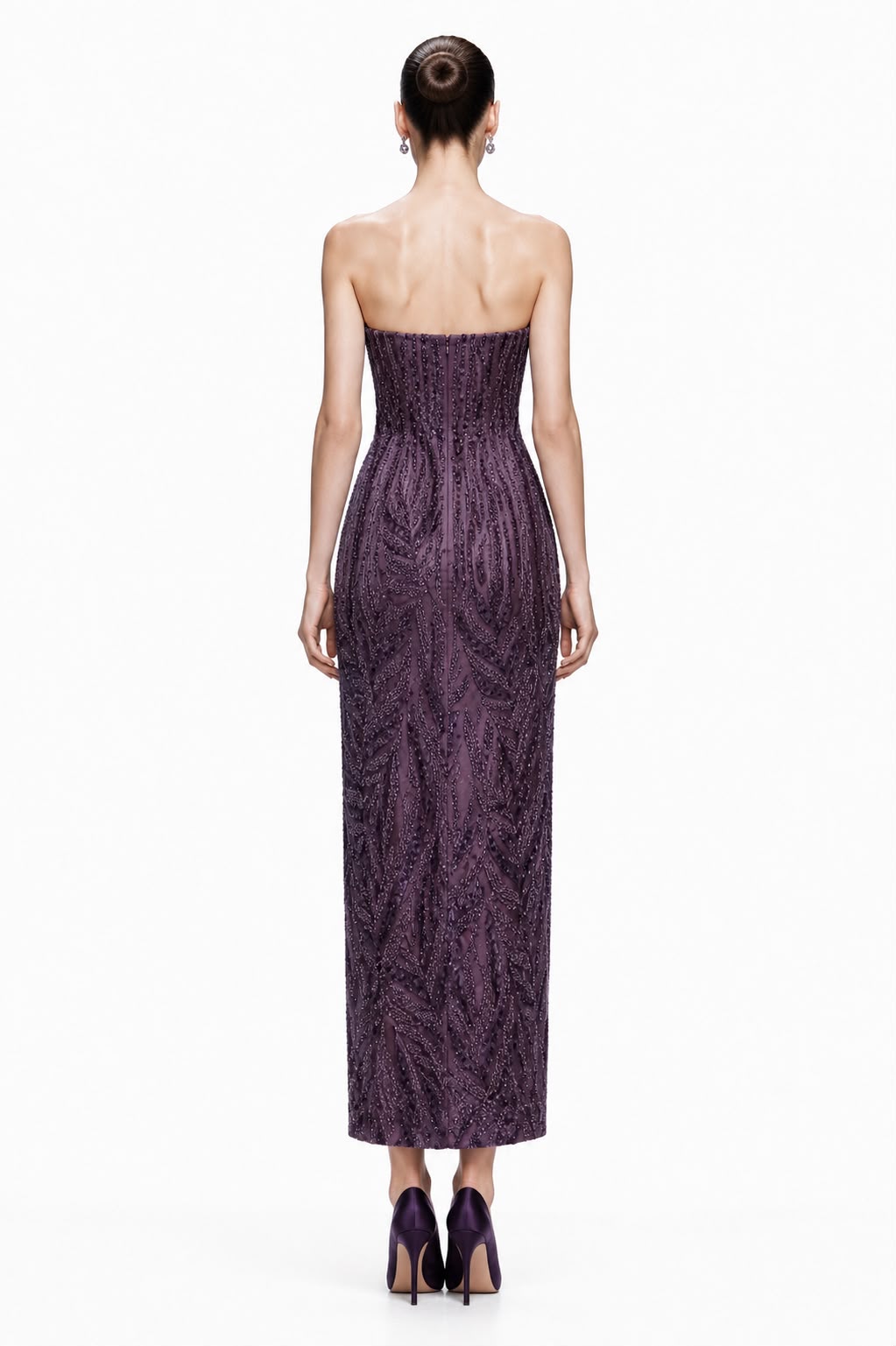 Plum Beaded Strapless Midi Gown - back