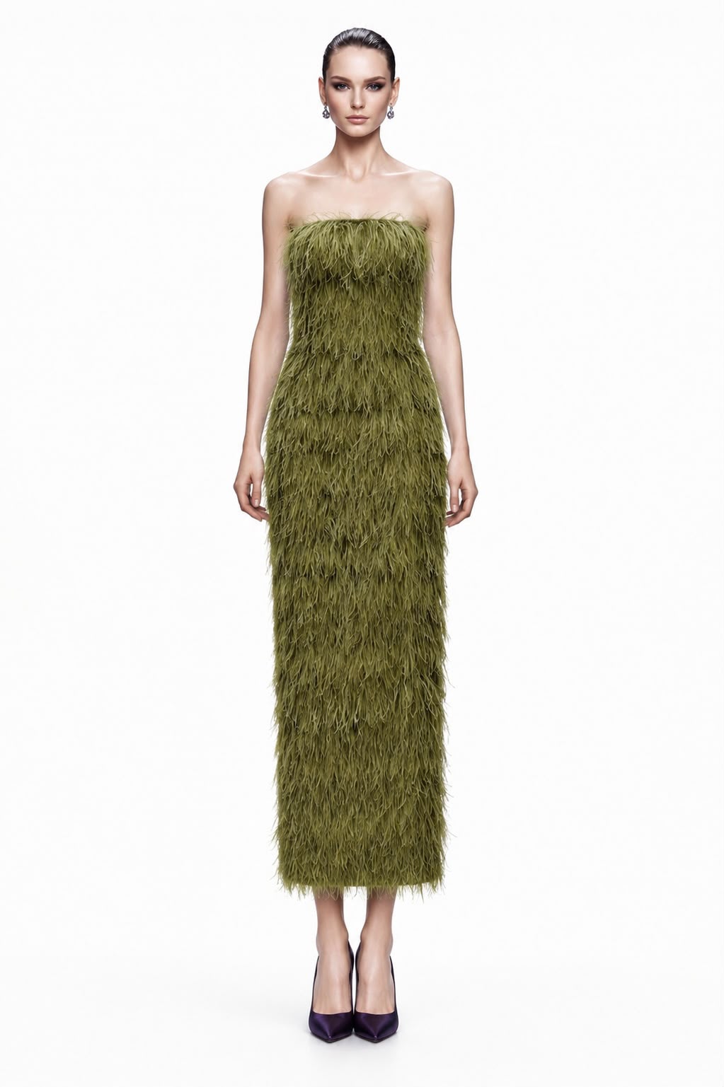 Olive Feather Strapless Midi Dress - front