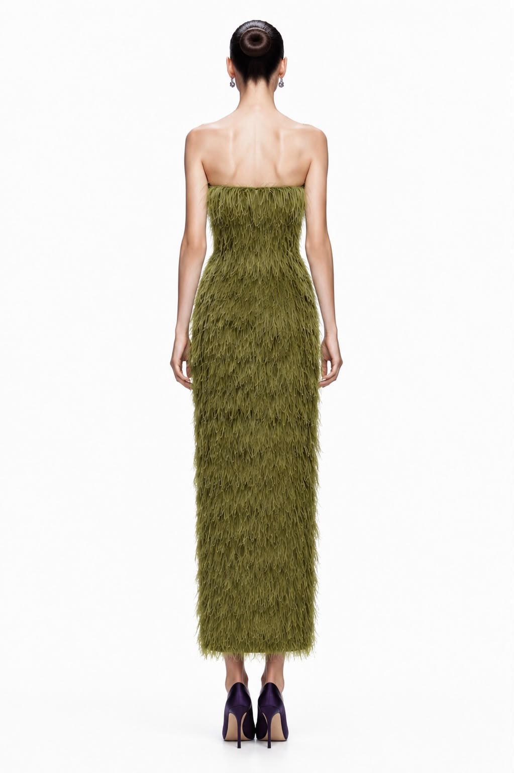 Olive Feather Strapless Midi Dress - back