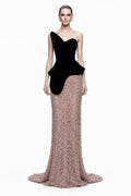 Black Velvet & Rose Tinsel Peplum Gown - front