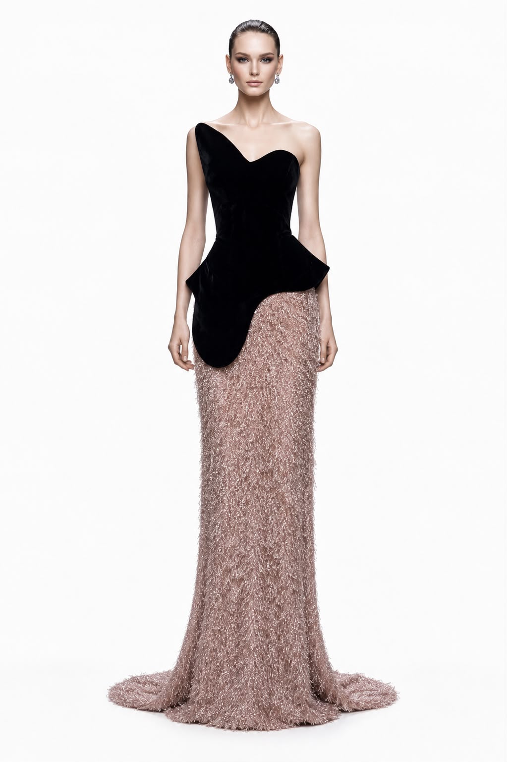 Black Velvet & Rose Tinsel Peplum Gown - front