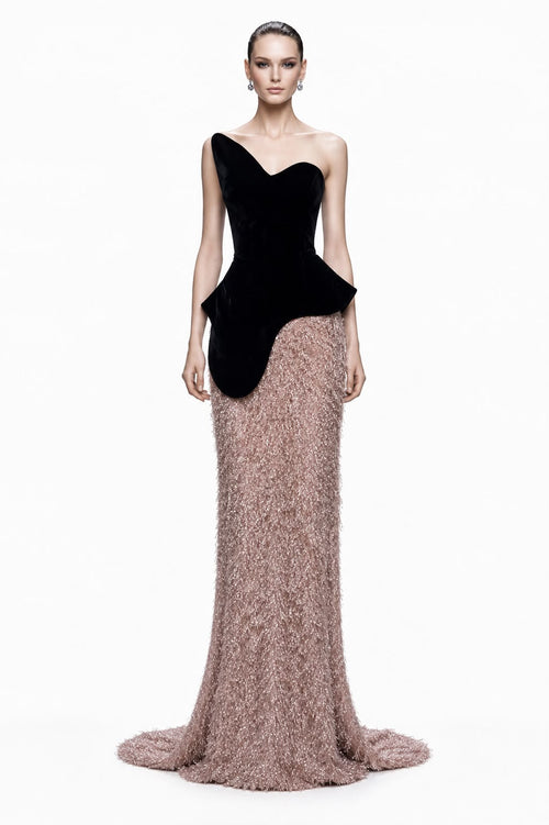 Black Velvet & Rose Tinsel Peplum Gown - front