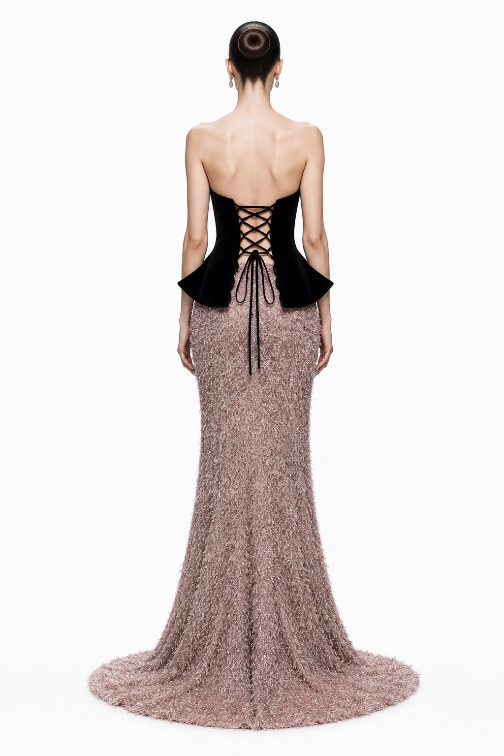 Black Velvet & Rose Tinsel Peplum Gown - back