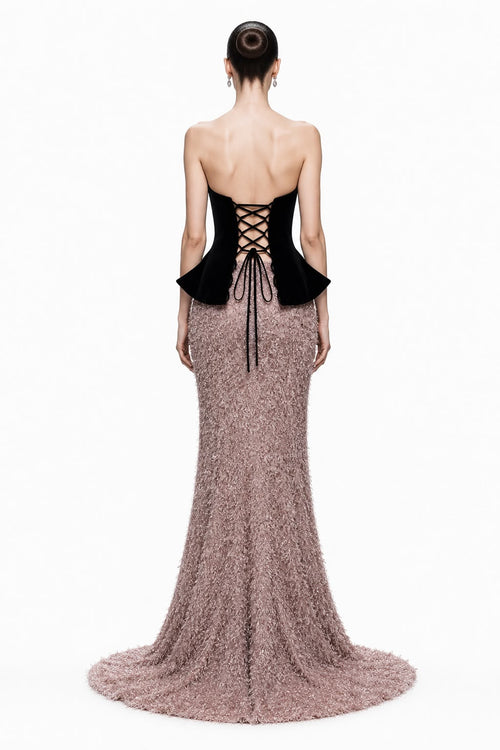 Black Velvet & Rose Tinsel Peplum Gown - back