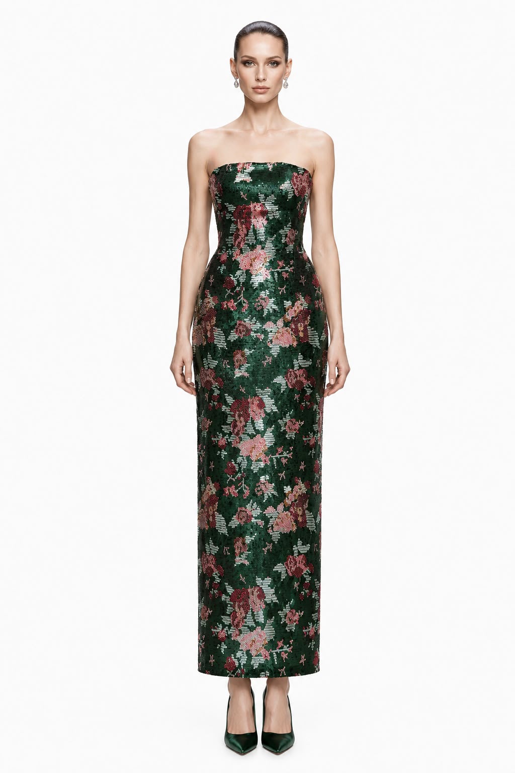 Emerald Floral Sequin Column Gown - front