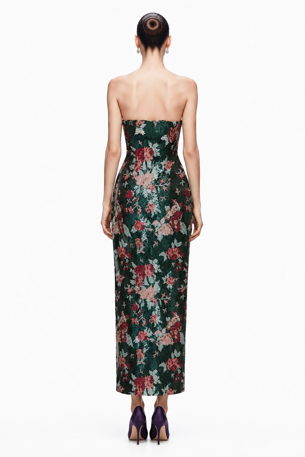Emerald Floral Sequin Column Gown - back