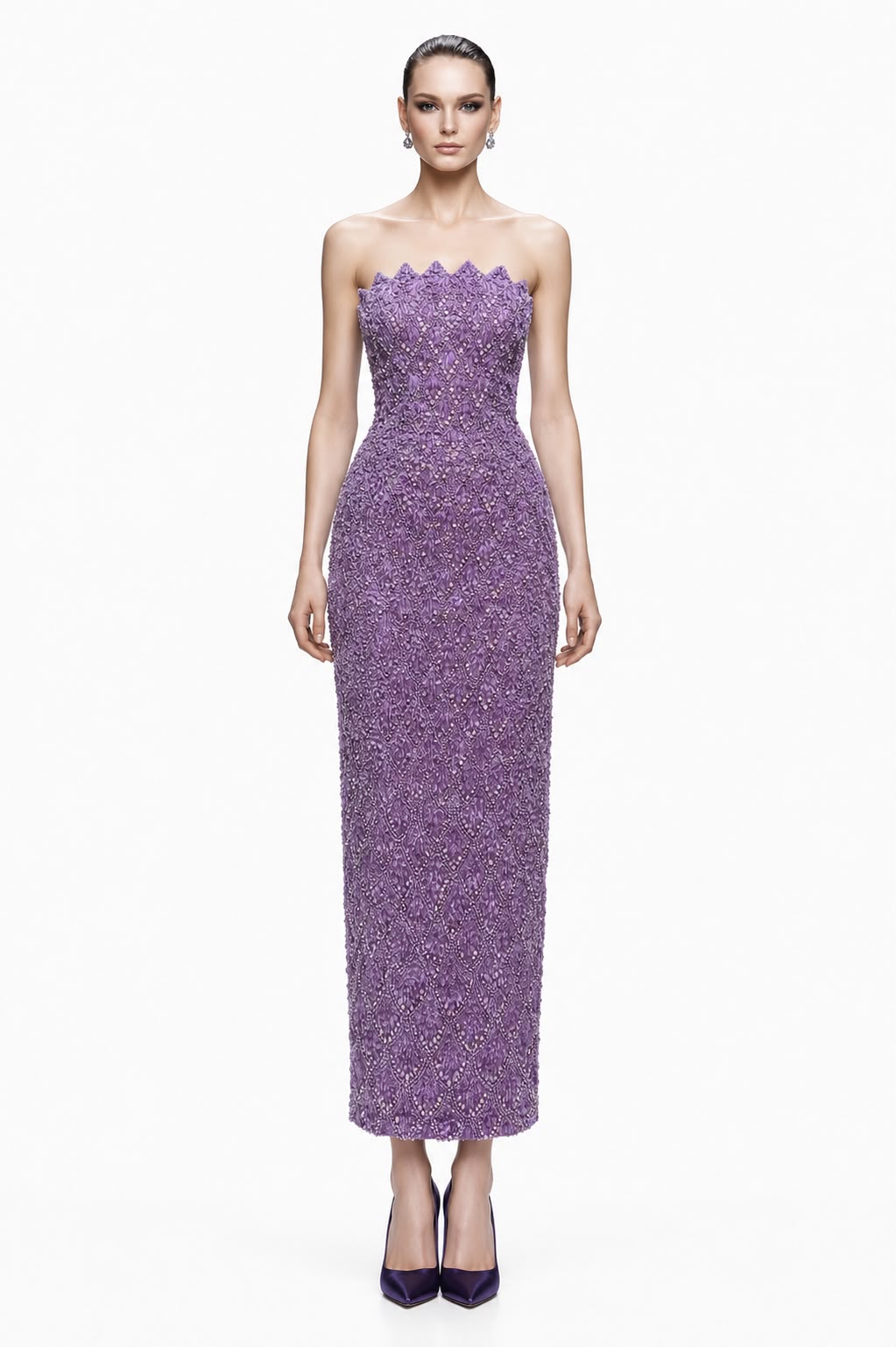 Lavender Beaded Strapless Midi Gown - front