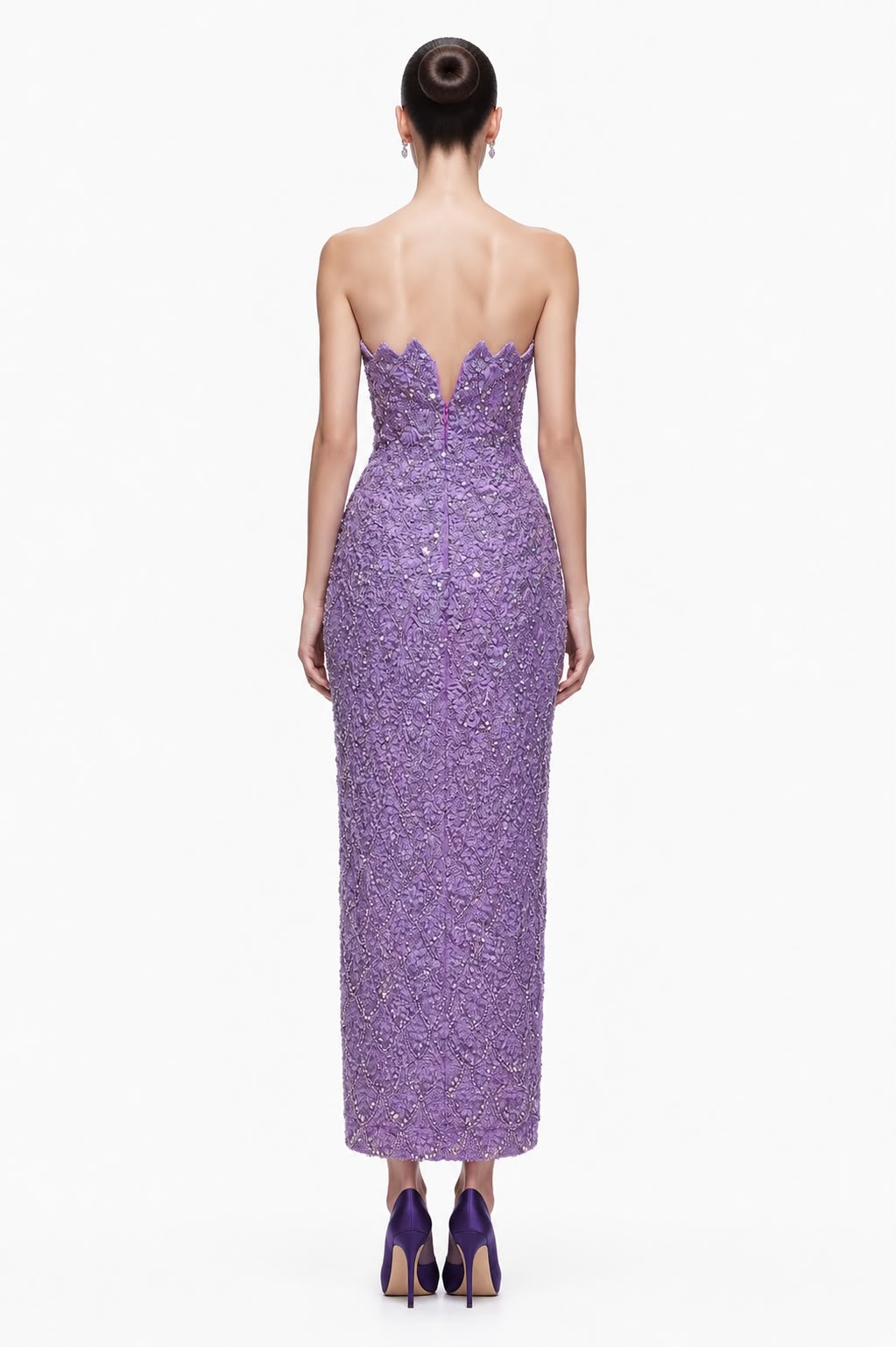 Lavender Beaded Strapless Midi Gown - back