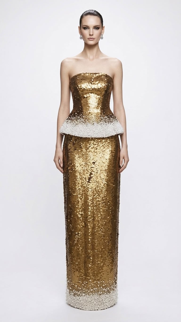 Gold Sequin Peplum Gown - front